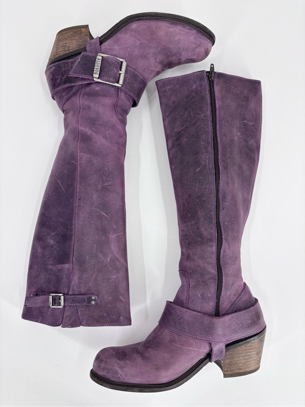 John Fluevog Adriana Luna Purple Distressed Leather Knee-High Heeled Boots, 10